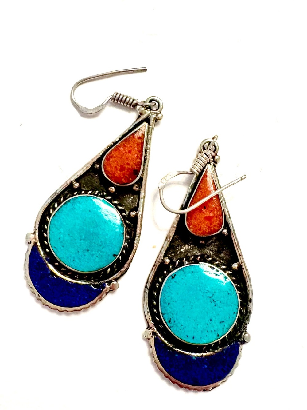 2 1/2 inch, 92,5 marked, earrings, They  are Turquoise, and  Coral on chain.